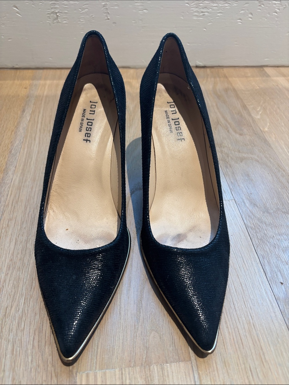 Jon Josef Black Pointed-Toe High Heels with Metallic Trim
